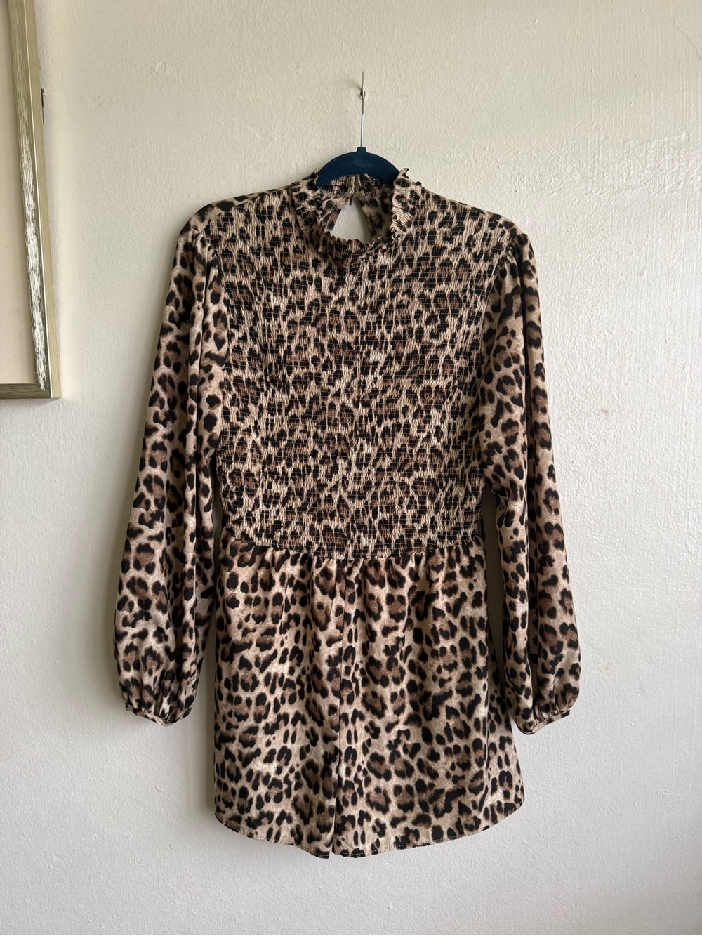 Leopard Print Long-Sleeve belted Smockedoo Mini romper  - Beige
